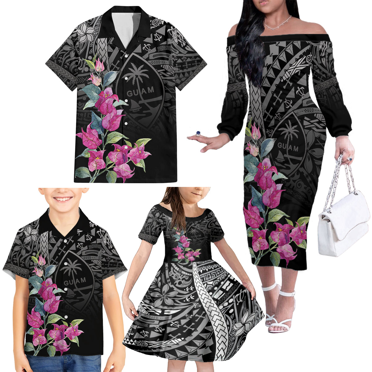 Guahan Puti Tai Nobiu Family Matching Off The Shoulder Long Sleeve Dress and Hawaiian Shirt Guam Bougainvillea Flower Art LT9 - Polynesian Pride