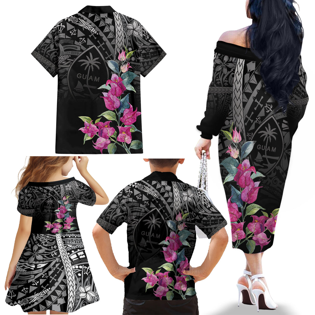 Guahan Puti Tai Nobiu Family Matching Off The Shoulder Long Sleeve Dress and Hawaiian Shirt Guam Bougainvillea Flower Art LT9 - Polynesian Pride