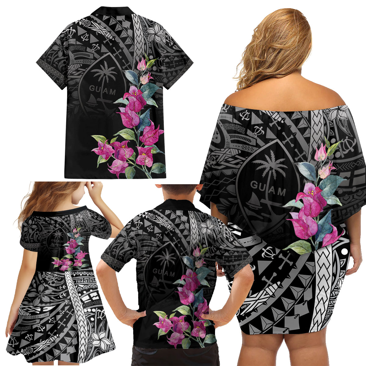 Guahan Puti Tai Nobiu Family Matching Off Shoulder Short Dress and Hawaiian Shirt Guam Bougainvillea Flower Art LT9 - Polynesian Pride