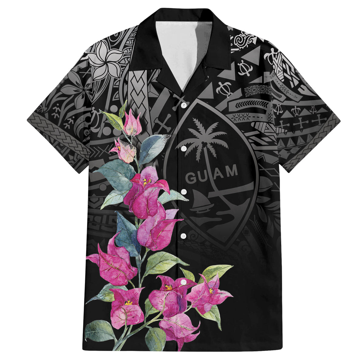 Guahan Puti Tai Nobiu Family Matching Off Shoulder Short Dress and Hawaiian Shirt Guam Bougainvillea Flower Art LT9 Dad's Shirt - Short Sleeve Black - Polynesian Pride