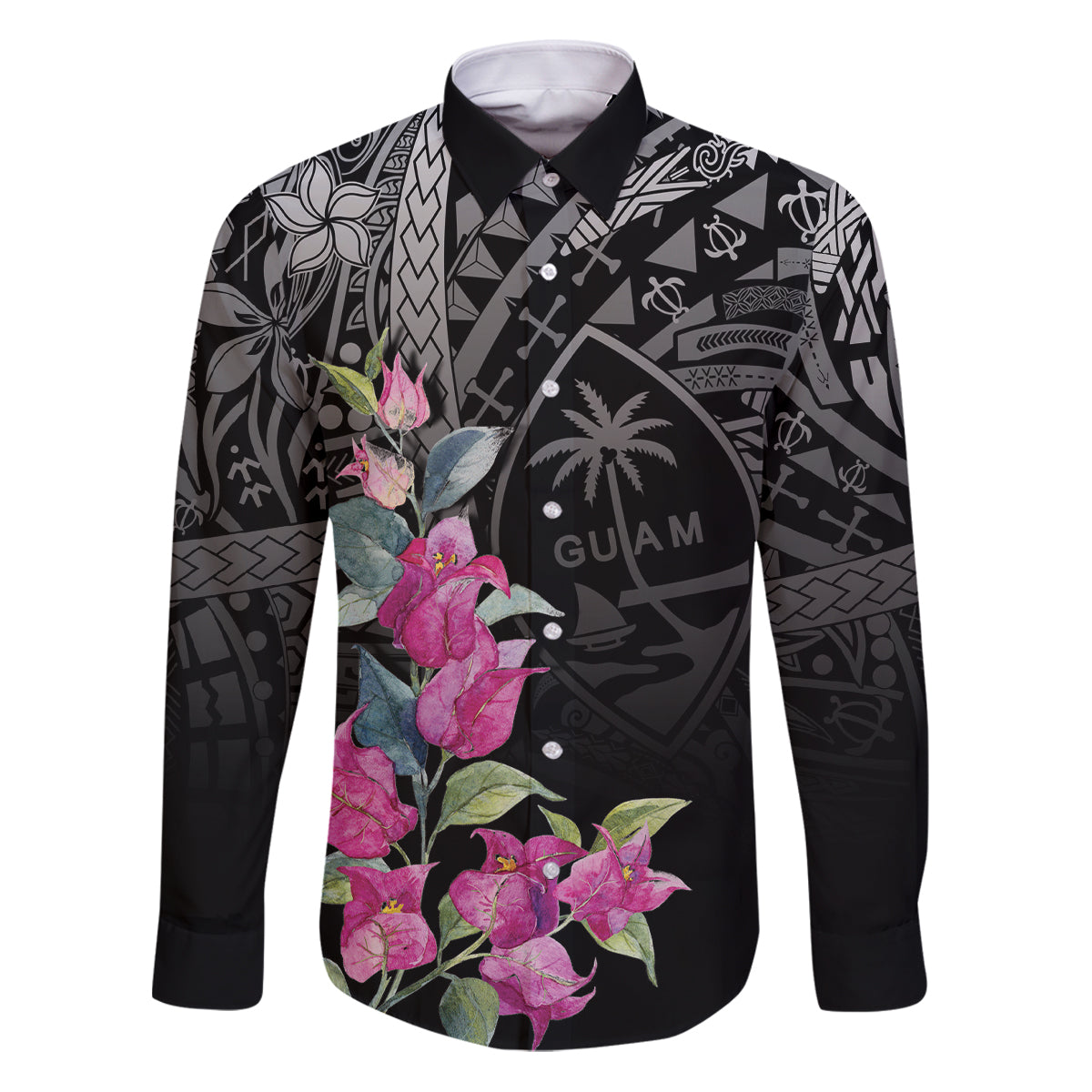Guahan Puti Tai Nobiu Family Matching Puletasi and Hawaiian Shirt Guam Bougainvillea Flower Art LT9 Dad's Shirt - Long Sleeve Black - Polynesian Pride