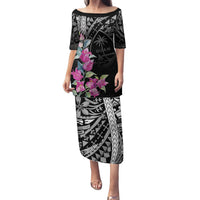 Guahan Puti Tai Nobiu Family Matching Puletasi and Hawaiian Shirt Guam Bougainvillea Flower Art LT9 Mom's Dress Black - Polynesian Pride