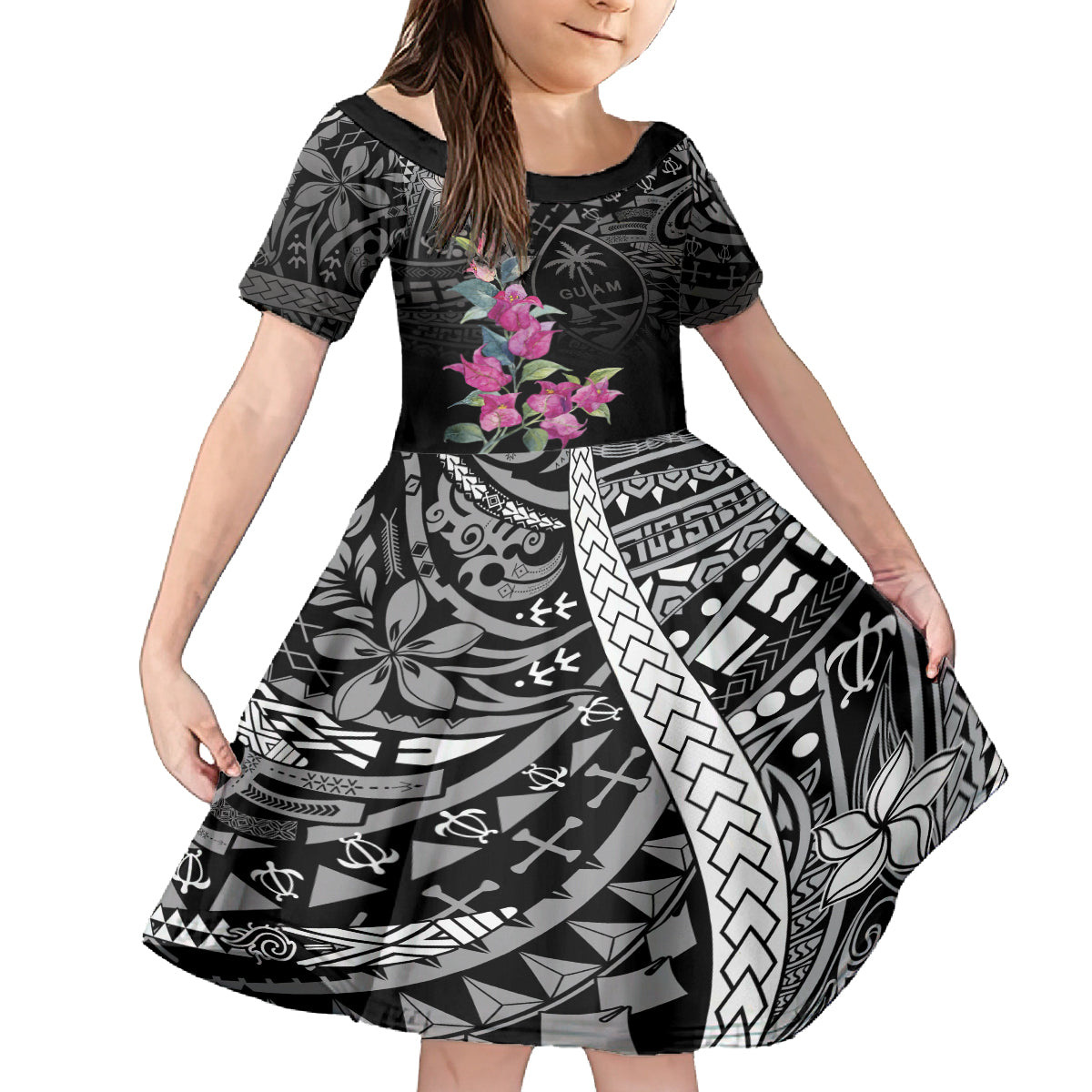 Guahan Puti Tai Nobiu Family Matching Summer Maxi Dress and Hawaiian Shirt Guam Bougainvillea Flower Art LT9 Daughter's Dress Black - Polynesian Pride