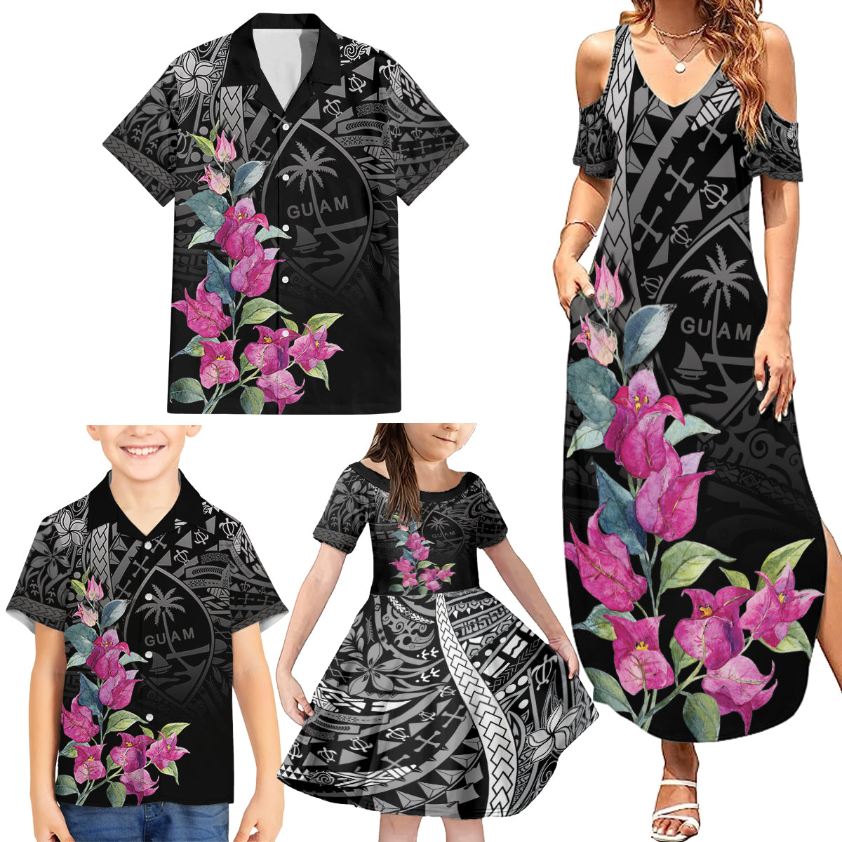 Guahan Puti Tai Nobiu Family Matching Summer Maxi Dress and Hawaiian Shirt Guam Bougainvillea Flower Art LT9 - Polynesian Pride