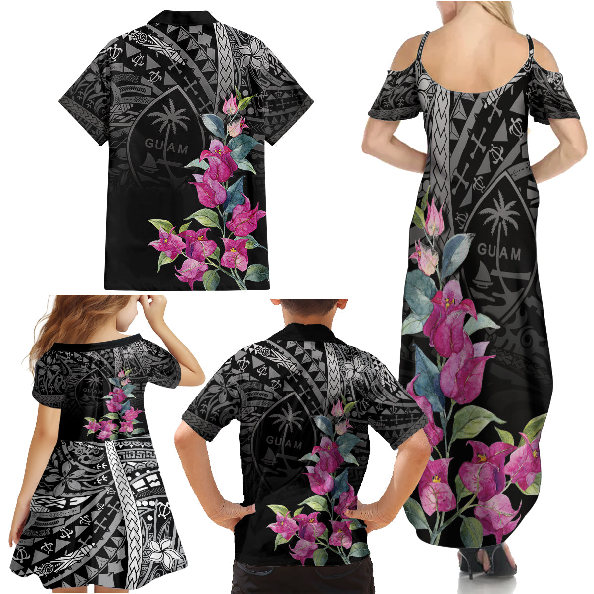 Guahan Puti Tai Nobiu Family Matching Summer Maxi Dress and Hawaiian Shirt Guam Bougainvillea Flower Art LT9 - Polynesian Pride