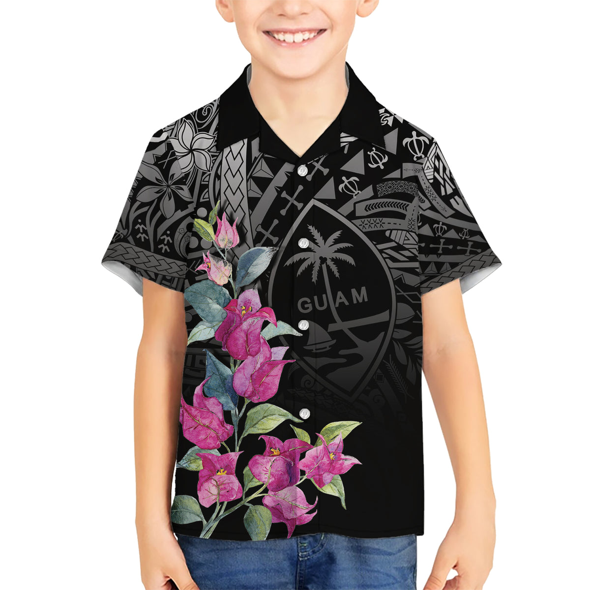 Guahan Puti Tai Nobiu Kid Hawaiian Shirt Guam Bougainvillea Flower Art LT9 Kid Black - Polynesian Pride