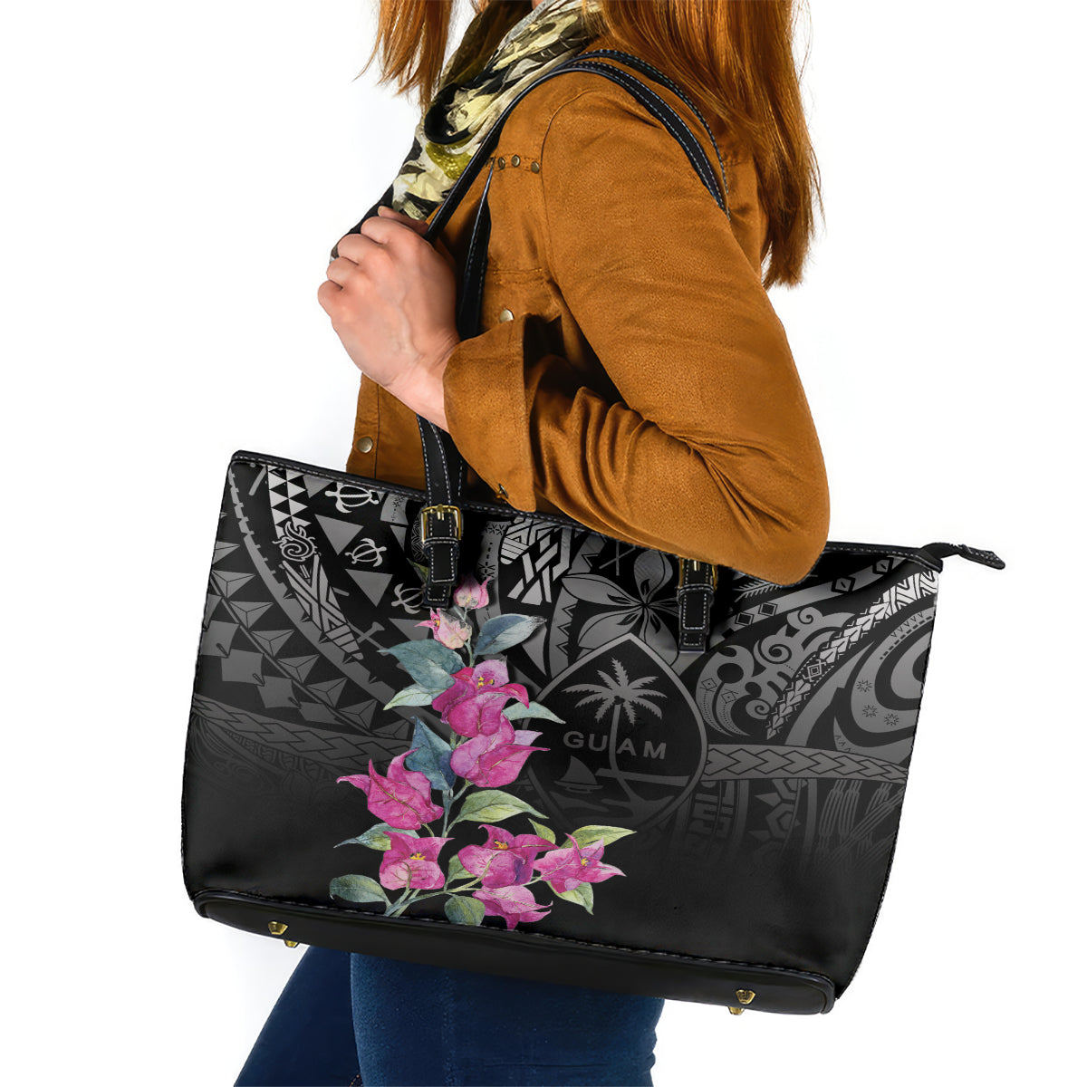 Guahan Puti Tai Nobiu Leather Tote Bag Guam Bougainvillea Flower Art LT9 Black - Polynesian Pride