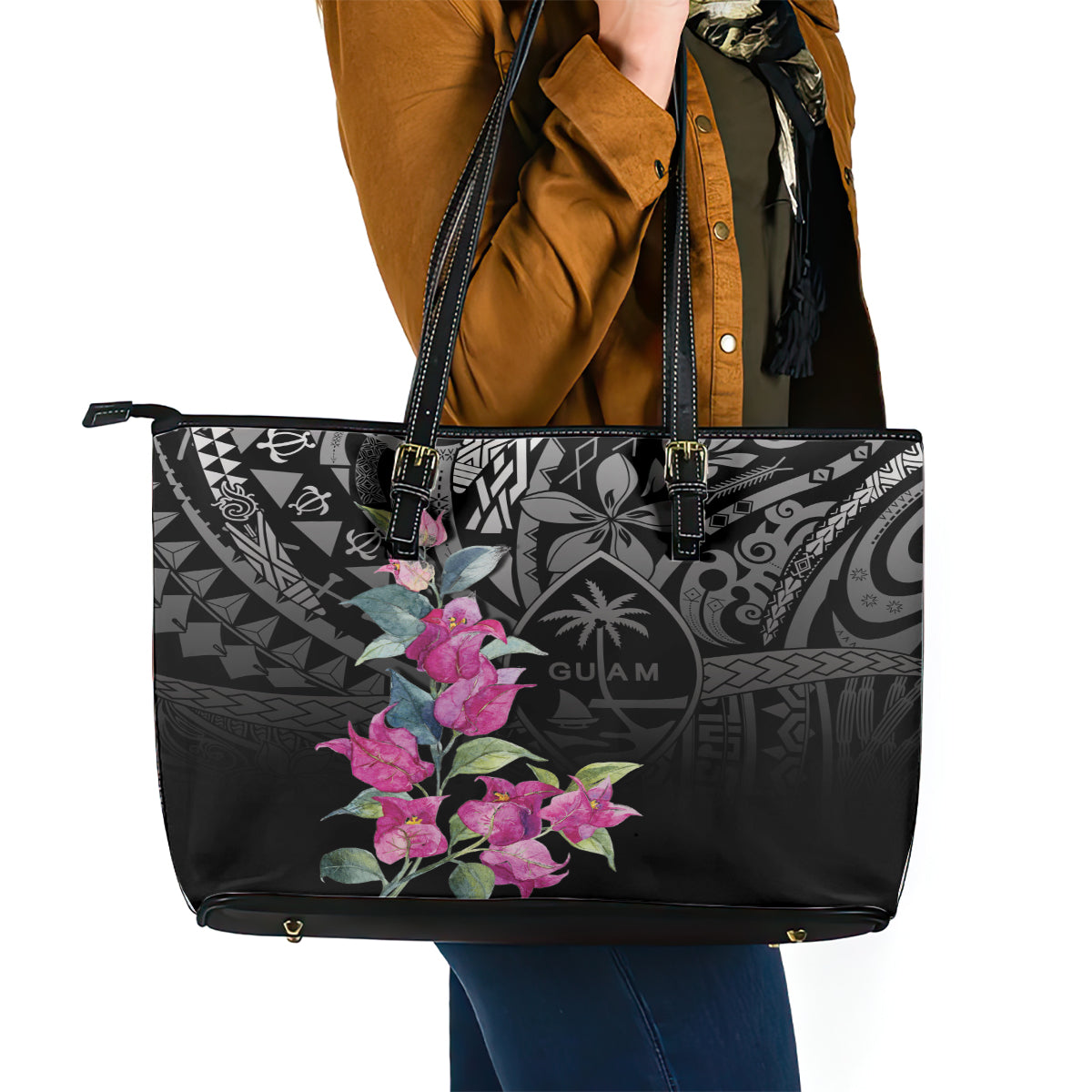 Guahan Puti Tai Nobiu Leather Tote Bag Guam Bougainvillea Flower Art LT9 - Polynesian Pride