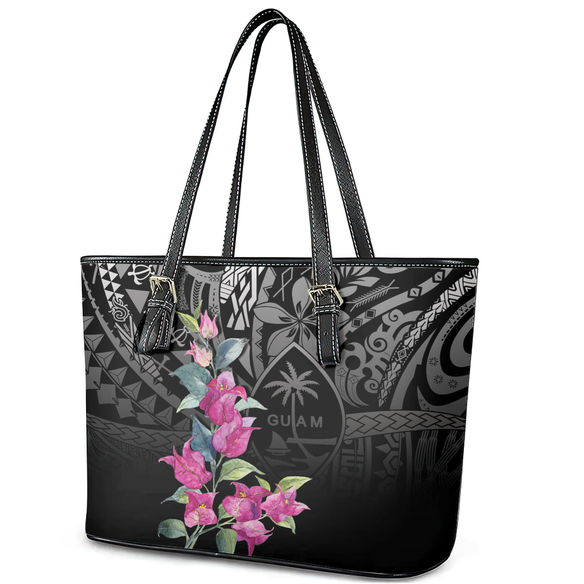 Guahan Puti Tai Nobiu Leather Tote Bag Guam Bougainvillea Flower Art LT9 - Polynesian Pride