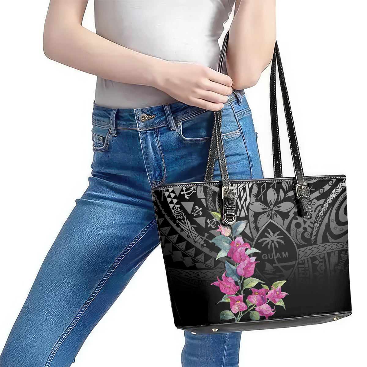 Guahan Puti Tai Nobiu Leather Tote Bag Guam Bougainvillea Flower Art LT9 - Polynesian Pride