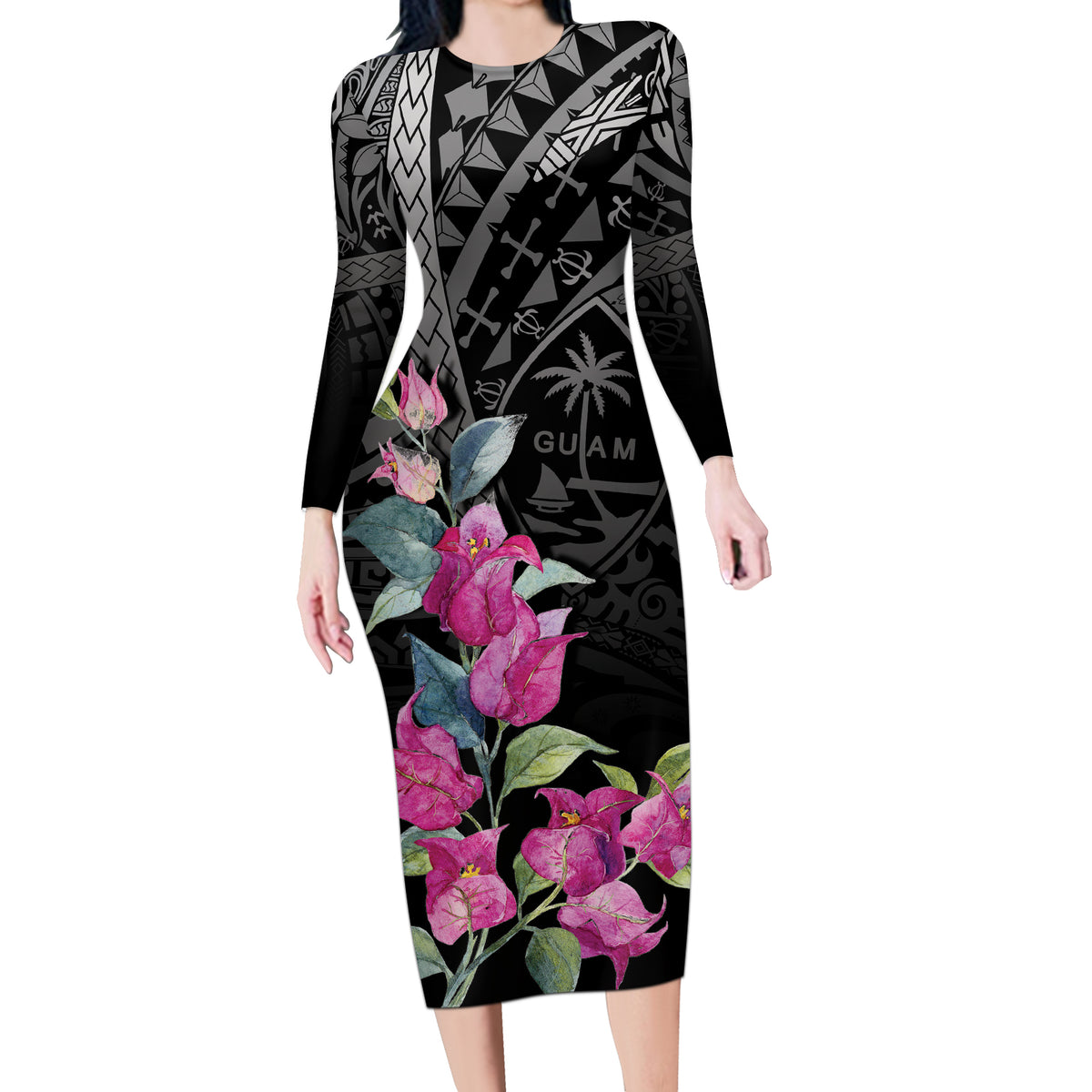 Guahan Puti Tai Nobiu Long Sleeve Bodycon Dress Guam Bougainvillea Flower Art LT9 Long Dress Black - Polynesian Pride