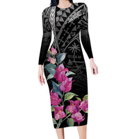 Guahan Puti Tai Nobiu Long Sleeve Bodycon Dress Guam Bougainvillea Flower Art LT9 Long Dress Black - Polynesian Pride