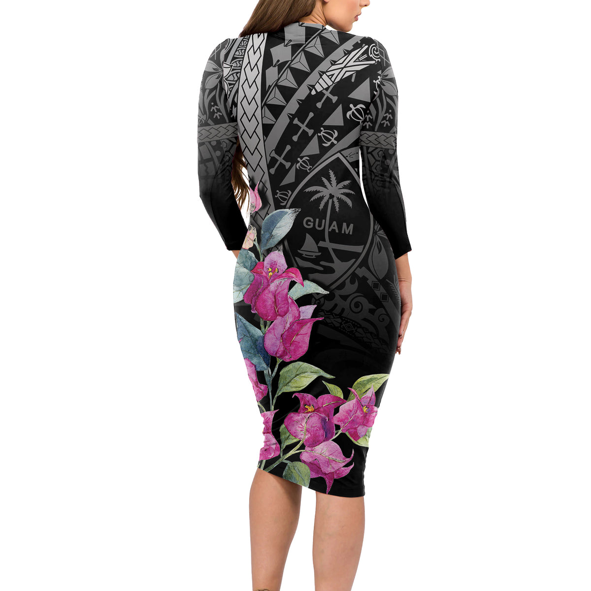Guahan Puti Tai Nobiu Long Sleeve Bodycon Dress Guam Bougainvillea Flower Art LT9 - Polynesian Pride
