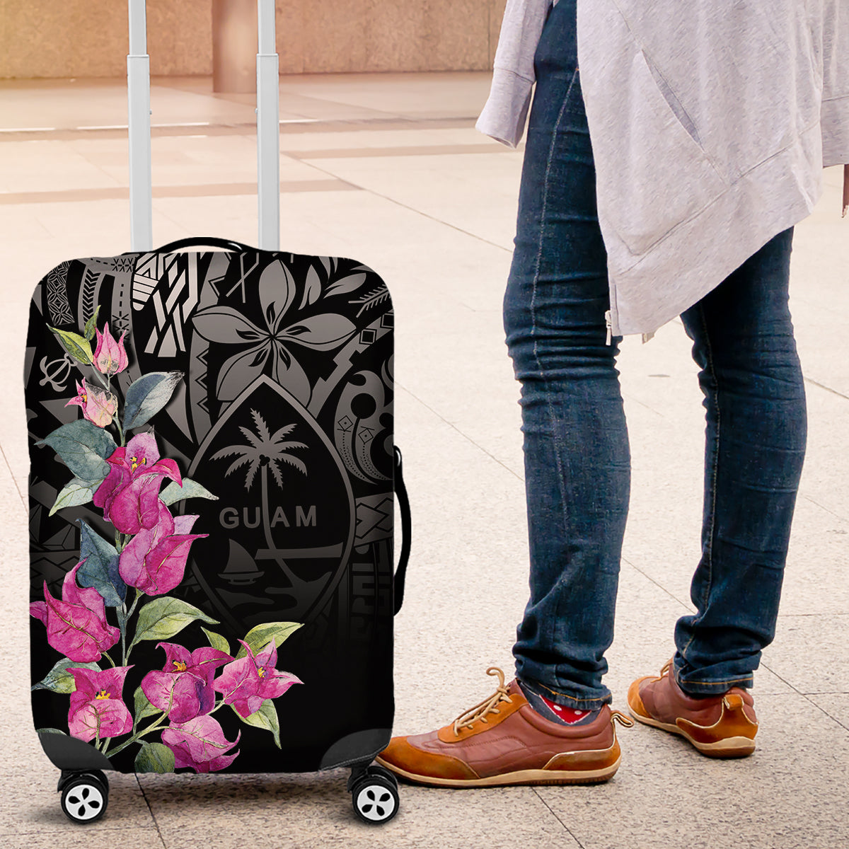 Guahan Puti Tai Nobiu Luggage Cover Guam Bougainvillea Flower Art LT9 Black - Polynesian Pride