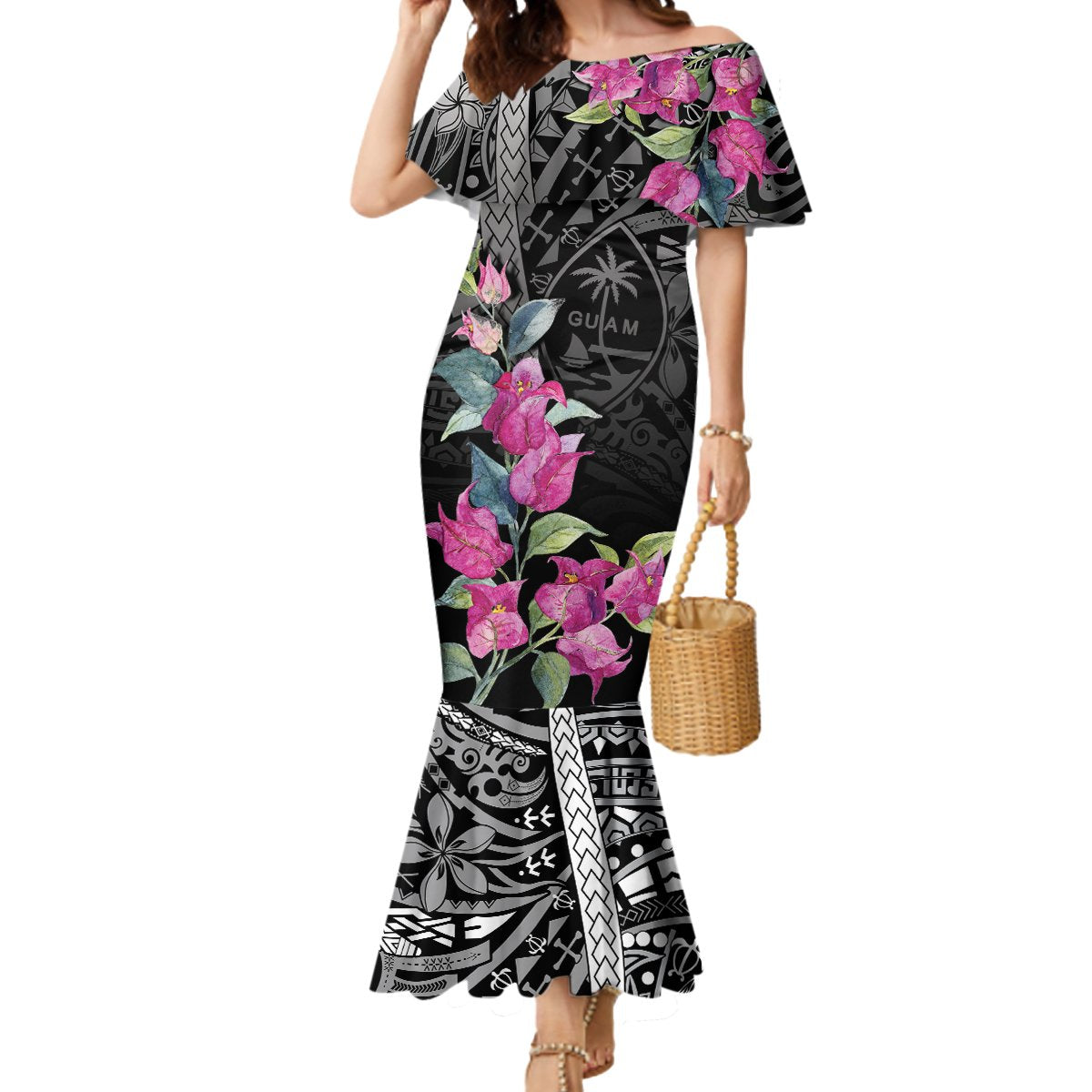 Guahan Puti Tai Nobiu Mermaid Dress Guam Bougainvillea Flower Art LT9 Women Black - Polynesian Pride