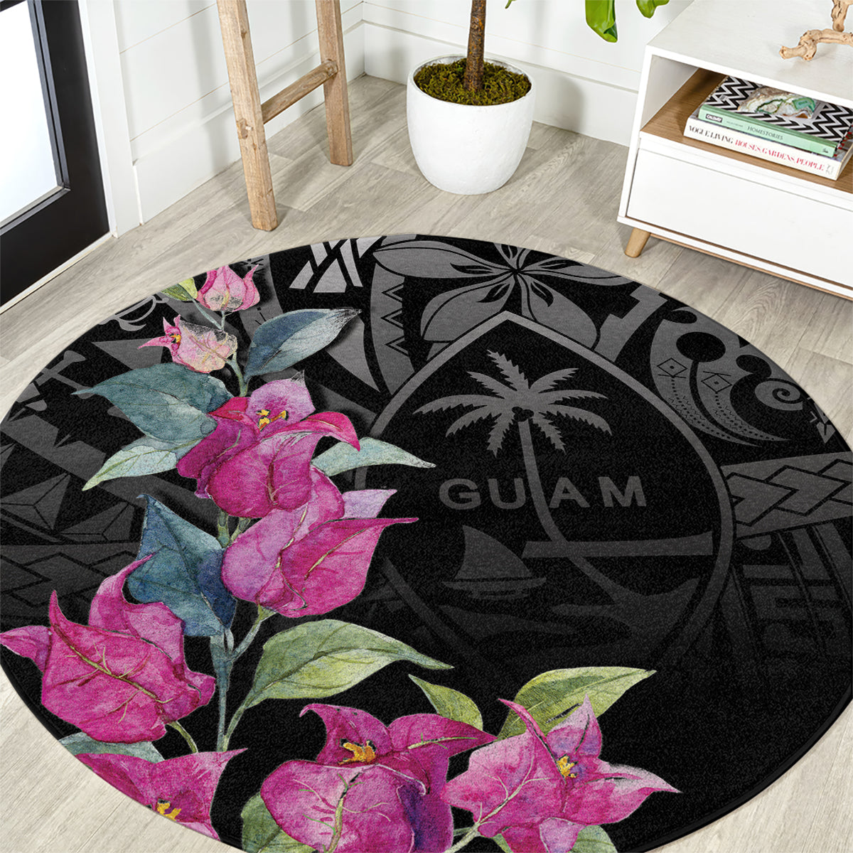 Guahan Puti Tai Nobiu Round Carpet Guam Bougainvillea Flower Art LT9 Black - Polynesian Pride