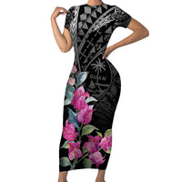Guahan Puti Tai Nobiu Short Sleeve Bodycon Dress Guam Bougainvillea Flower Art LT9 Long Dress Black - Polynesian Pride