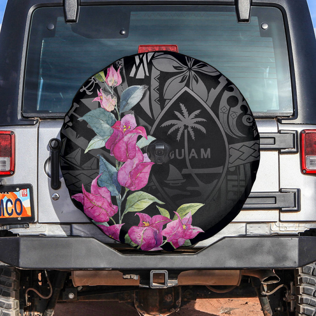 Guahan Puti Tai Nobiu Spare Tire Cover Guam Bougainvillea Flower Art LT9 Black - Polynesian Pride