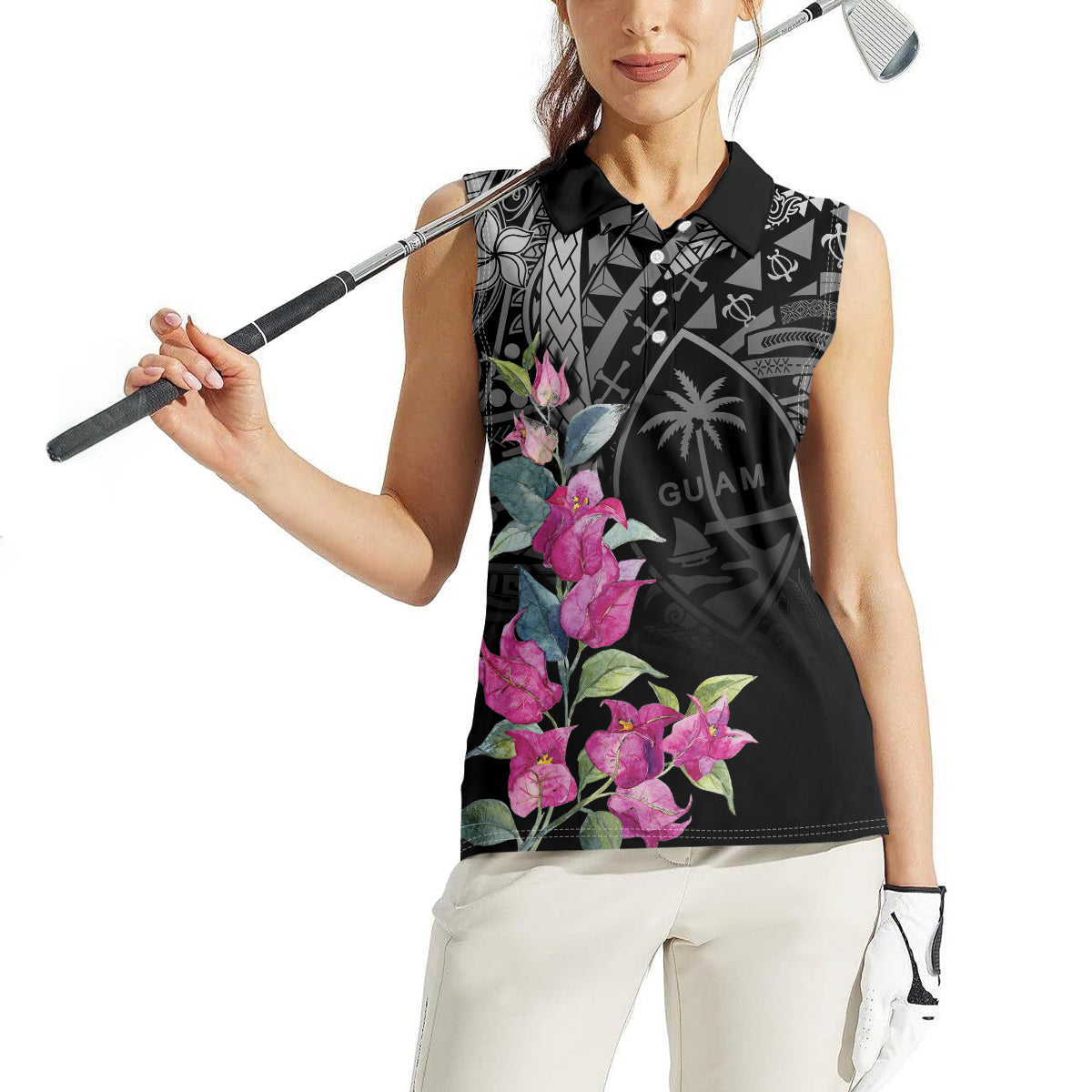 Guahan Puti Tai Nobiu Women Sleeveless Polo Shirt Guam Bougainvillea Flower Art LT9 - Polynesian Pride