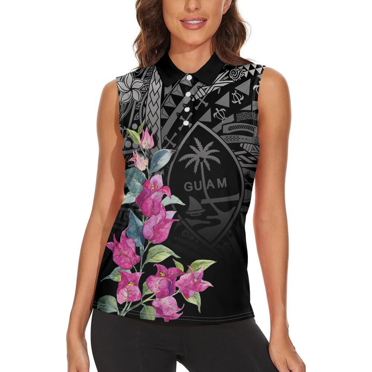 Guahan Puti Tai Nobiu Women Sleeveless Polo Shirt Guam Bougainvillea Flower Art LT9 - Polynesian Pride