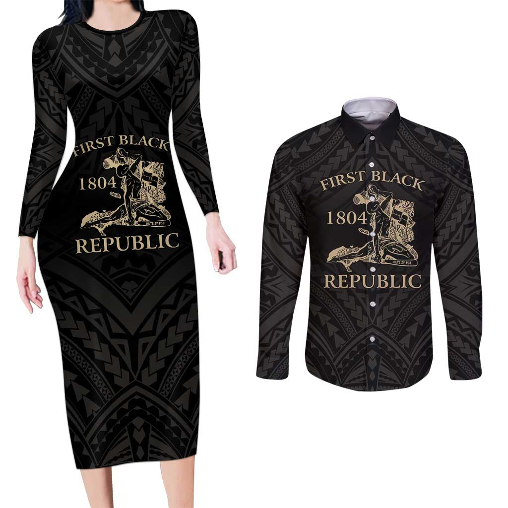 Personalized Haiti First Black Republic Couples Matching Long Sleeve Bodycon Dress and Long Sleeve Button Shirt Negre Marron With Map And Flag LT9 Black - Polynesian Pride