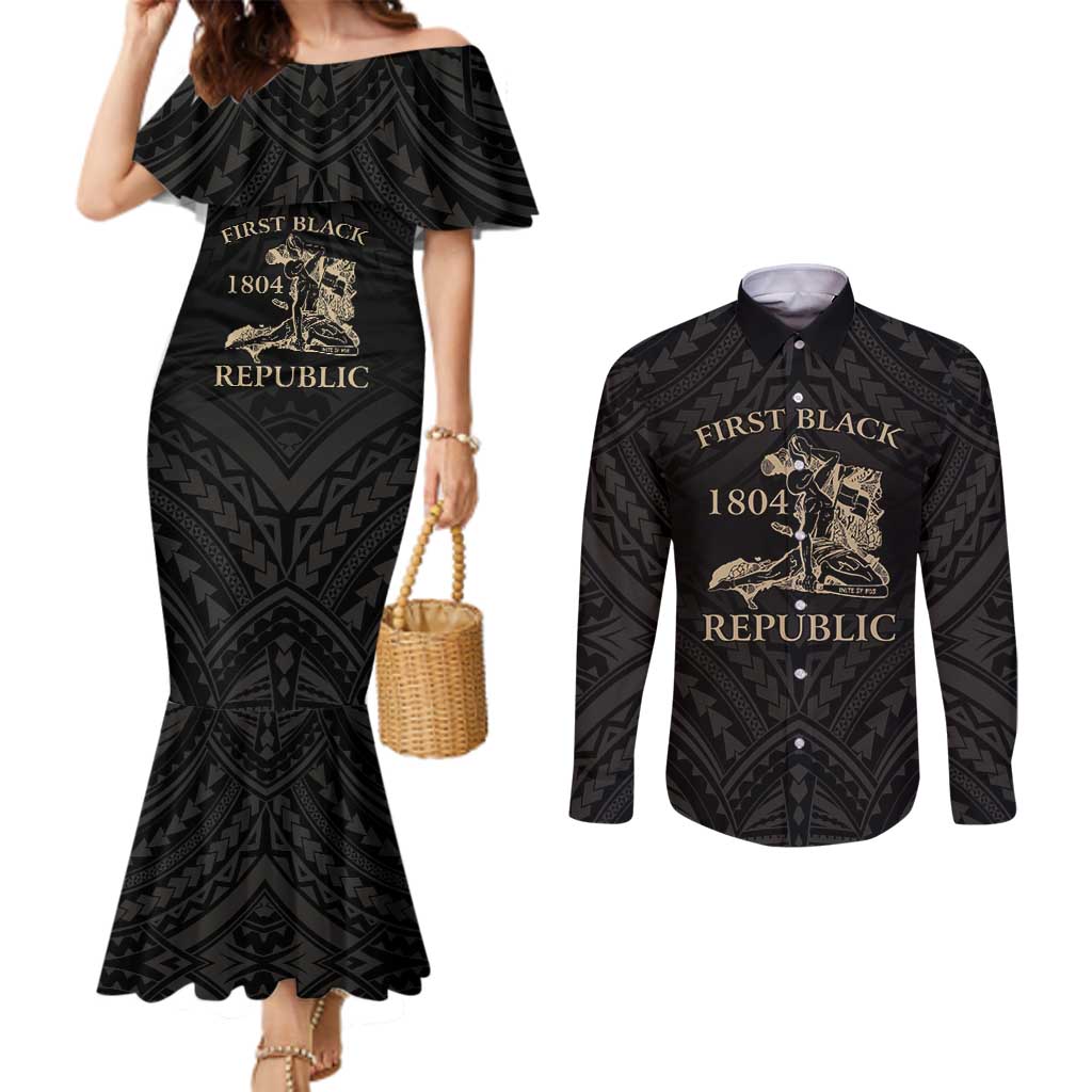 Personalized Haiti First Black Republic Couples Matching Mermaid Dress and Long Sleeve Button Shirt Negre Marron With Map And Flag LT9 Black - Polynesian Pride