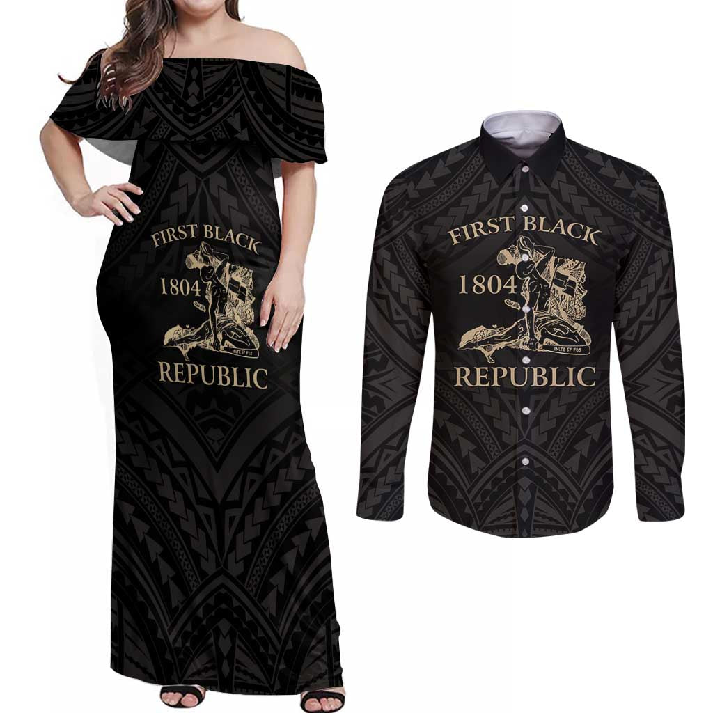 Personalized Haiti First Black Republic Couples Matching Off Shoulder Maxi Dress and Long Sleeve Button Shirt Negre Marron With Map And Flag LT9 Black - Polynesian Pride