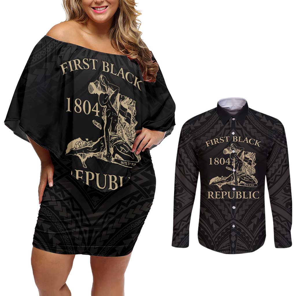 Personalized Haiti First Black Republic Couples Matching Off Shoulder Short Dress and Long Sleeve Button Shirt Negre Marron With Map And Flag LT9 Black - Polynesian Pride