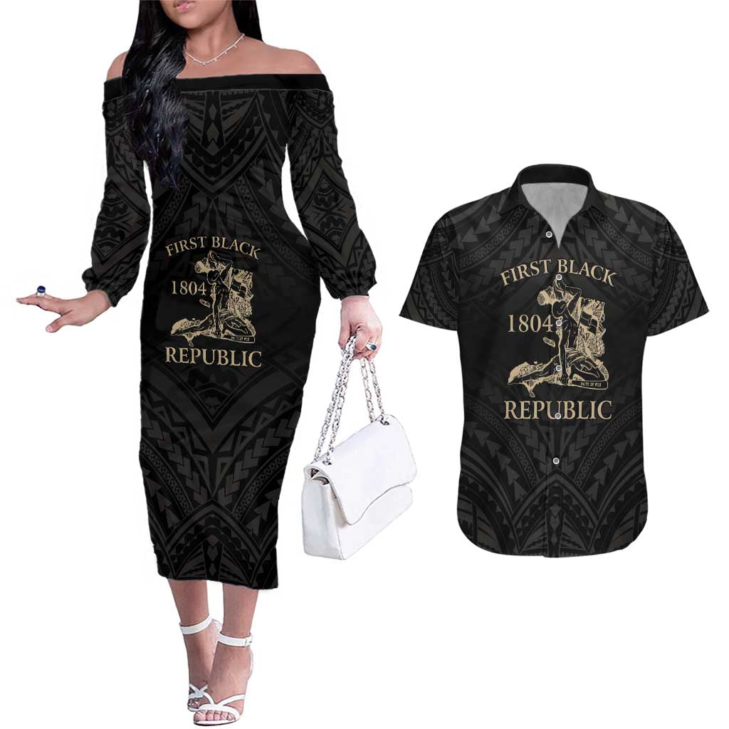 Personalized Haiti First Black Republic Couples Matching Off The Shoulder Long Sleeve Dress and Hawaiian Shirt Negre Marron With Map And Flag LT9 Black - Polynesian Pride