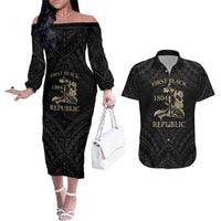Personalized Haiti First Black Republic Couples Matching Off The Shoulder Long Sleeve Dress and Hawaiian Shirt Negre Marron With Map And Flag LT9 Black - Polynesian Pride