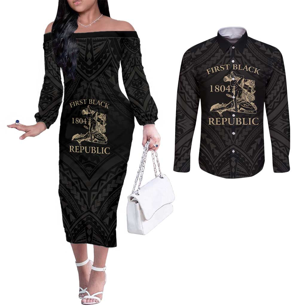 Personalized Haiti First Black Republic Couples Matching Off The Shoulder Long Sleeve Dress and Long Sleeve Button Shirt Negre Marron With Map And Flag LT9 Black - Polynesian Pride