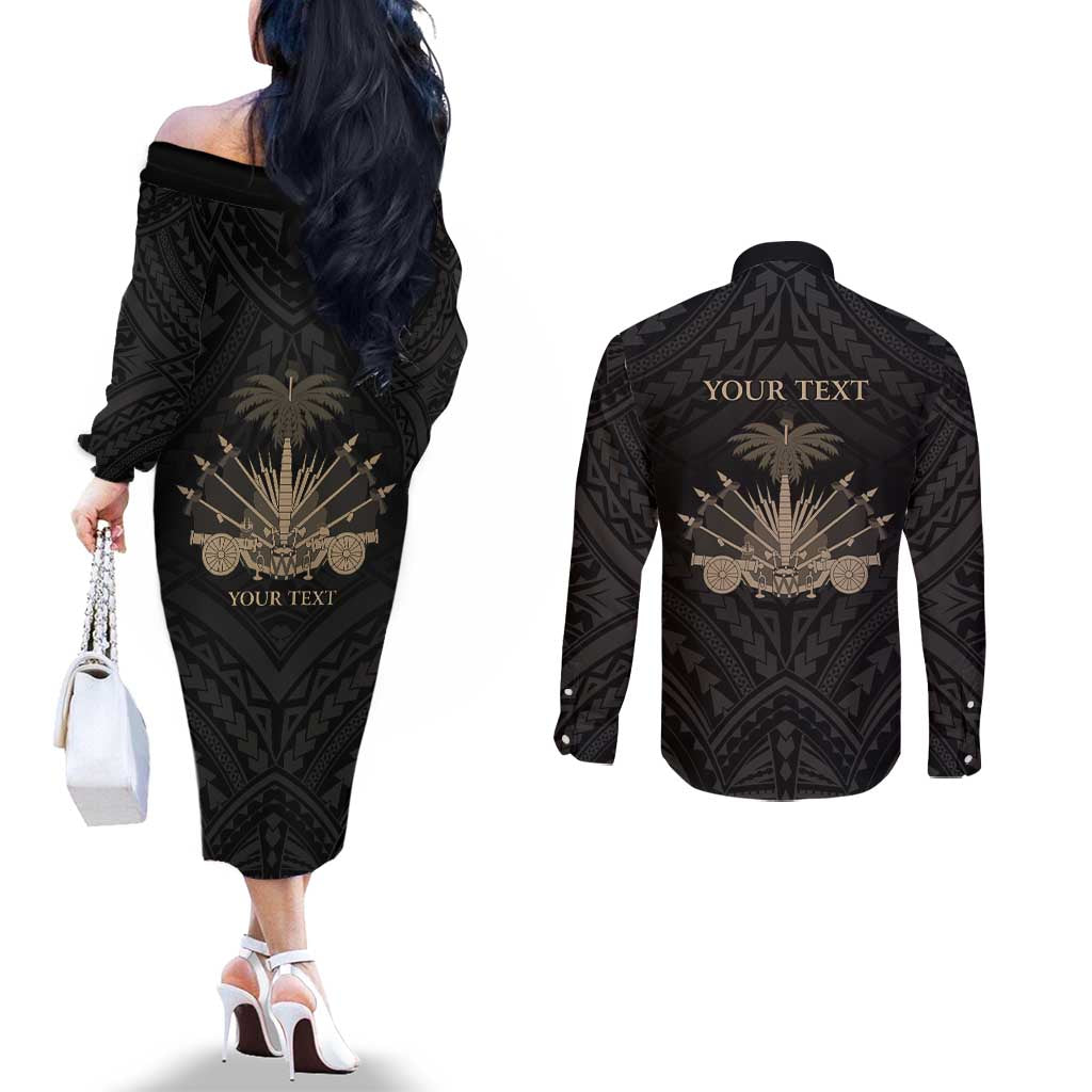 Personalized Haiti First Black Republic Couples Matching Off The Shoulder Long Sleeve Dress and Long Sleeve Button Shirt Negre Marron With Map And Flag LT9 - Polynesian Pride