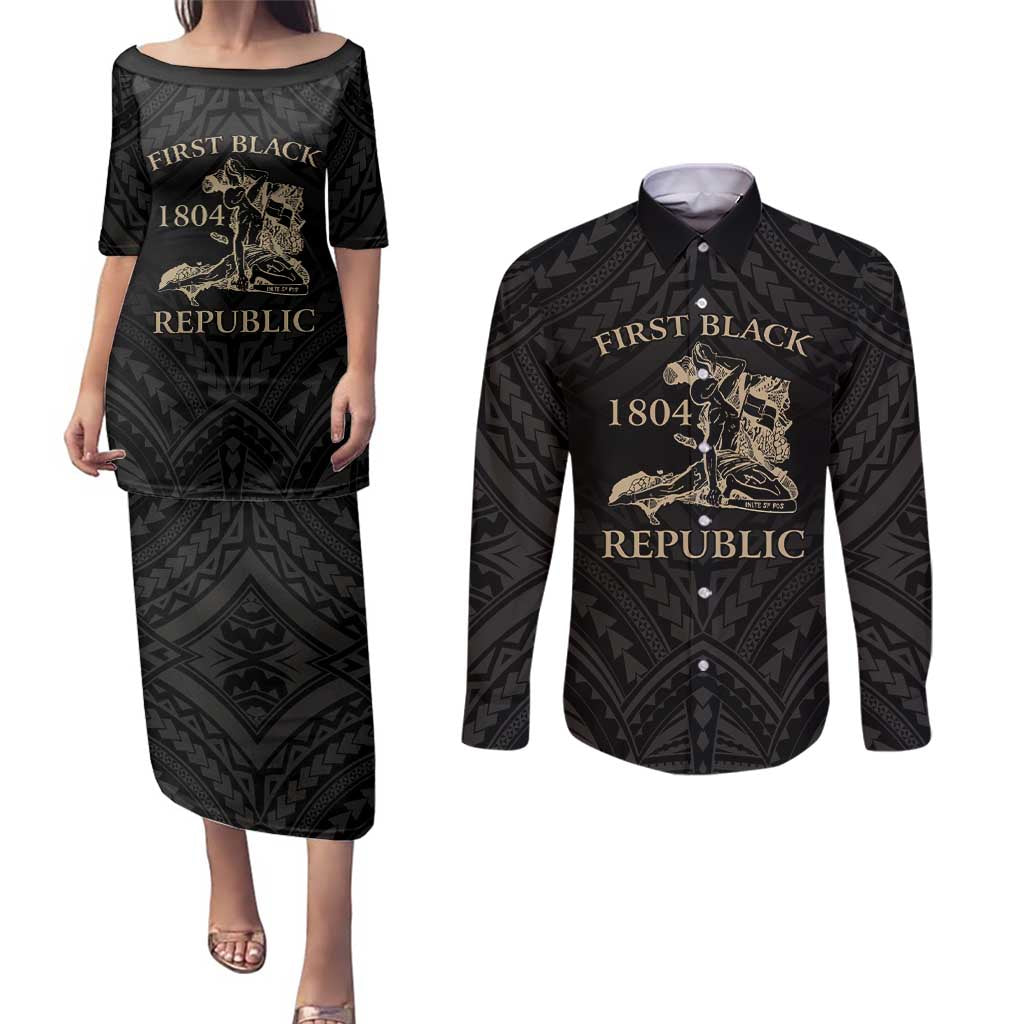 Personalized Haiti First Black Republic Couples Matching Puletasi and Long Sleeve Button Shirt Negre Marron With Map And Flag LT9 Black - Polynesian Pride