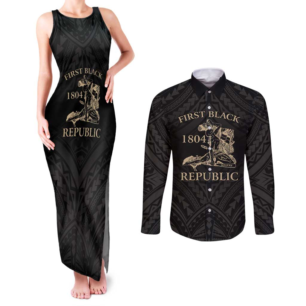 Personalized Haiti First Black Republic Couples Matching Tank Maxi Dress and Long Sleeve Button Shirt Negre Marron With Map And Flag LT9 Black - Polynesian Pride