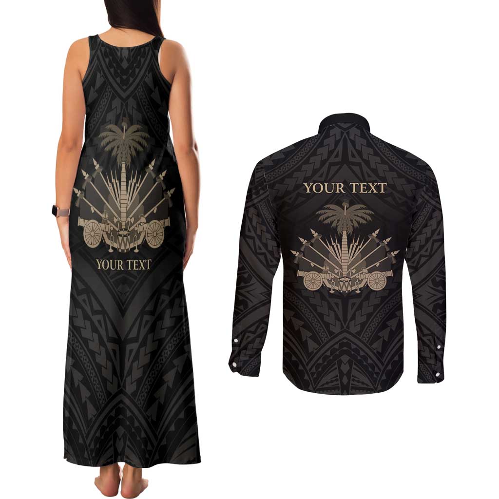 Personalized Haiti First Black Republic Couples Matching Tank Maxi Dress and Long Sleeve Button Shirt Negre Marron With Map And Flag