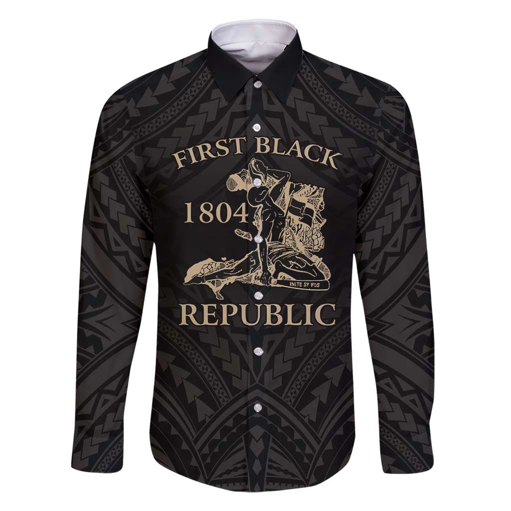 Personalized Haiti First Black Republic Family Matching Long Sleeve Bodycon Dress and Hawaiian Shirt Negre Marron With Map And Flag LT9 Dad's Shirt - Long Sleeve Black - Polynesian Pride