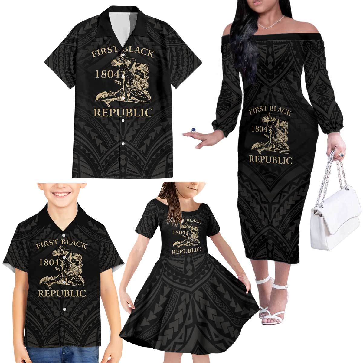 Personalized Haiti First Black Republic Family Matching Off The Shoulder Long Sleeve Dress and Hawaiian Shirt Negre Marron With Map And Flag LT9 - Polynesian Pride