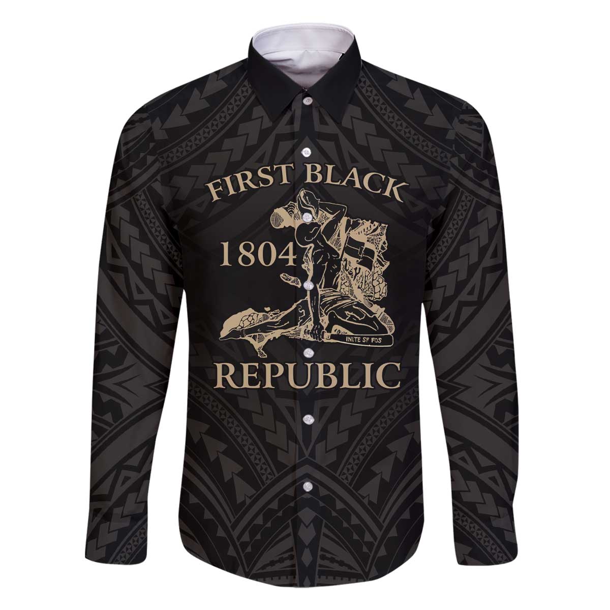 Personalized Haiti First Black Republic Family Matching Off The Shoulder Long Sleeve Dress and Hawaiian Shirt Negre Marron With Map And Flag LT9 Dad's Shirt - Long Sleeve Black - Polynesian Pride