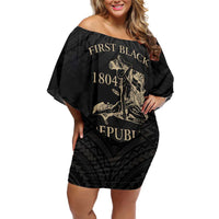 Personalized Haiti First Black Republic Family Matching Off Shoulder Short Dress and Hawaiian Shirt Negre Marron With Map And Flag LT9 Mom's Dress Black - Polynesian Pride