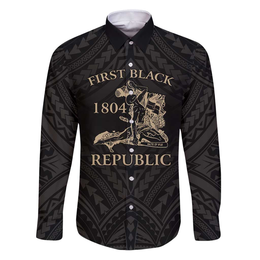 Personalized Haiti First Black Republic Family Matching Puletasi and Hawaiian Shirt Negre Marron With Map And Flag LT9 Dad's Shirt - Long Sleeve Black - Polynesian Pride