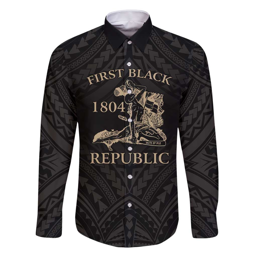Personalized Haiti First Black Republic Family Matching Short Sleeve Bodycon Dress and Hawaiian Shirt Negre Marron With Map And Flag LT9 Dad's Shirt - Long Sleeve Black - Polynesian Pride