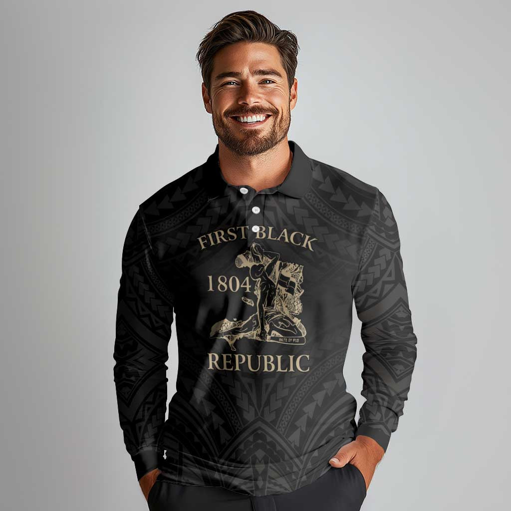 Personalized Haiti First Black Republic Long Sleeve Polo Shirt Negre Marron With Map And Flag