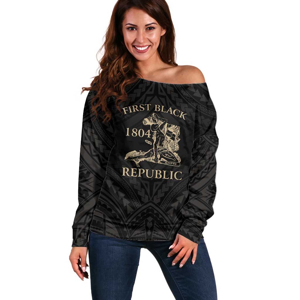Personalized Haiti First Black Republic Off Shoulder Sweater Negre Marron With Map And Flag LT9 Women Black - Polynesian Pride