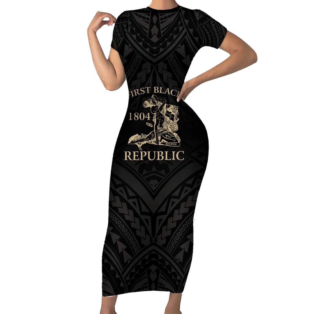 Personalized Haiti First Black Republic Short Sleeve Bodycon Dress Negre Marron With Map And Flag LT9 Long Dress Black - Polynesian Pride