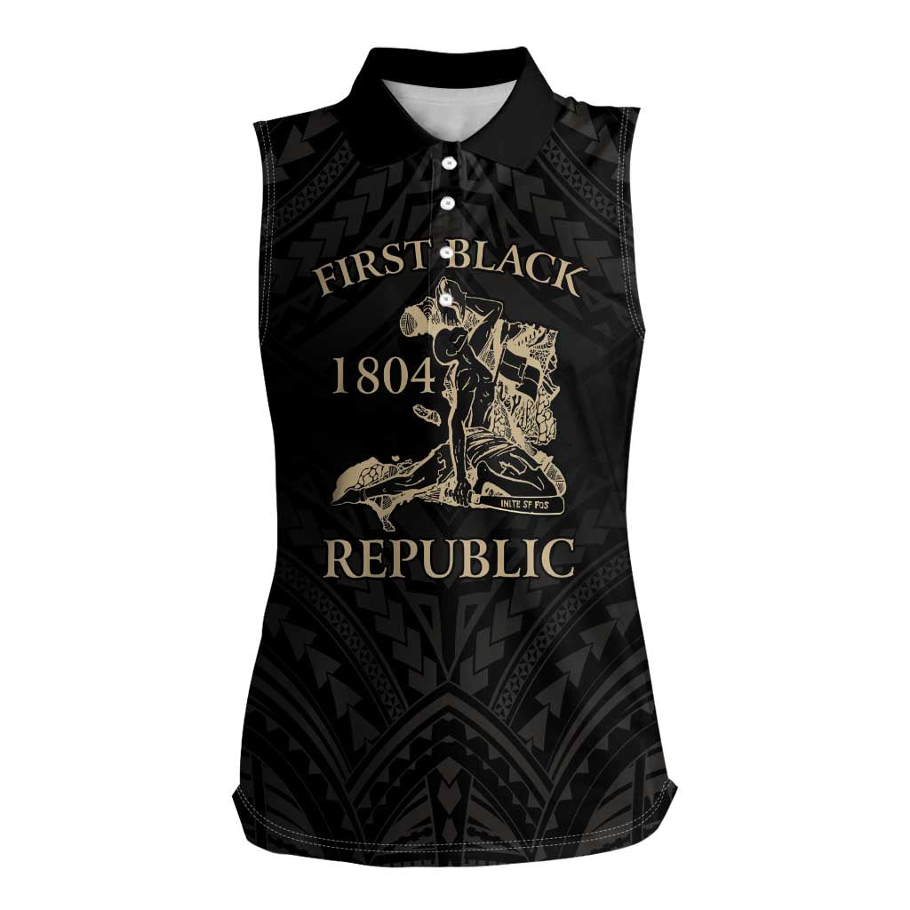 Personalized Haiti First Black Republic Women Sleeveless Polo Shirt Negre Marron With Map And Flag LT9 Female Black - Polynesian Pride