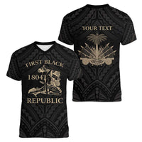 Personalized Haiti First Black Republic Women V-Neck T-Shirt Negre Marron With Map And Flag