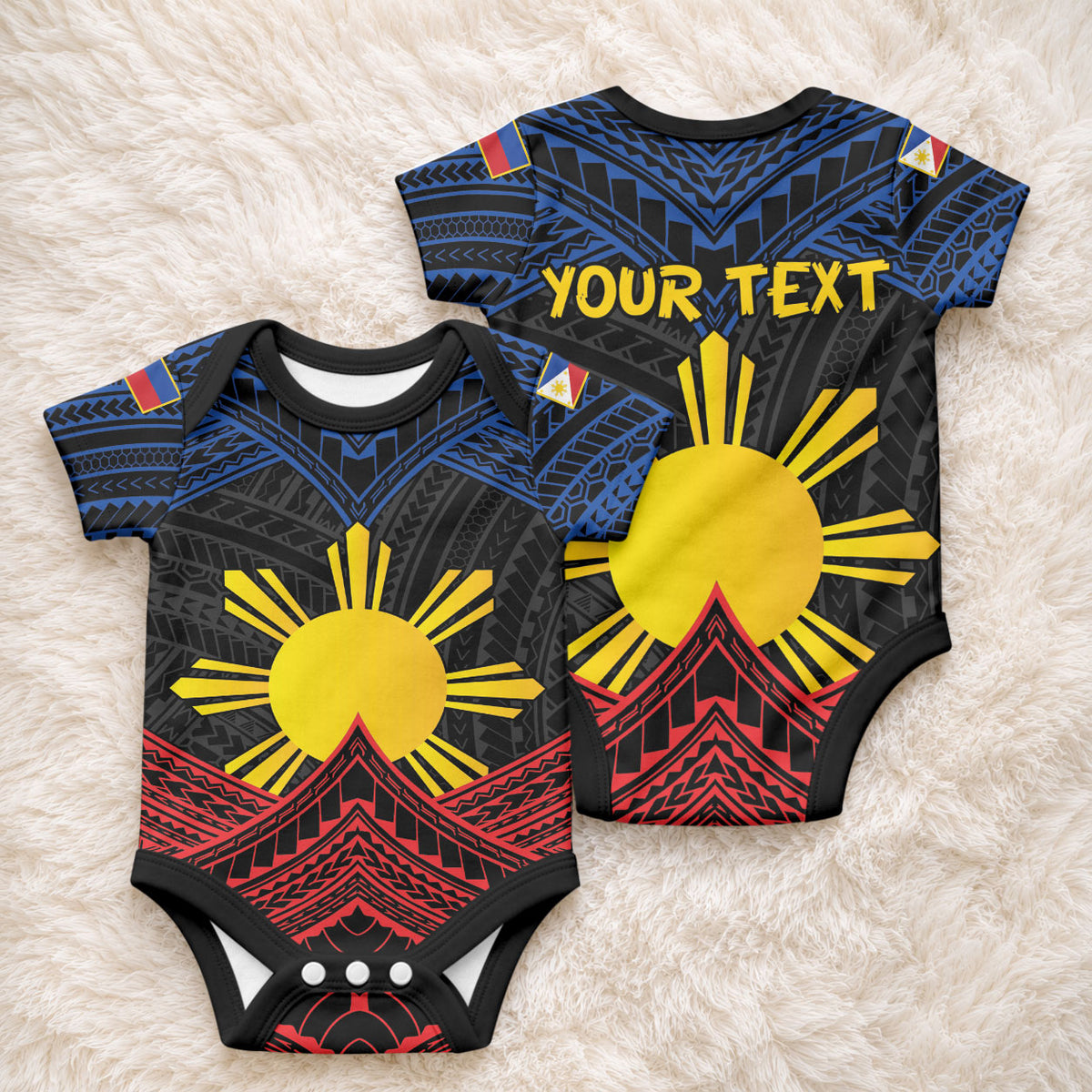 Personalized Philippines Baby Onesie Polynesian Tribal Tattoo with Filipino Flag Motif