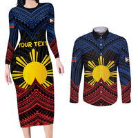 Personalized Philippines Couples Matching Long Sleeve Bodycon Dress and Long Sleeve Button Shirt Polynesian Tribal Tattoo with Filipino Flag Motif LT9 Black - Polynesian Pride