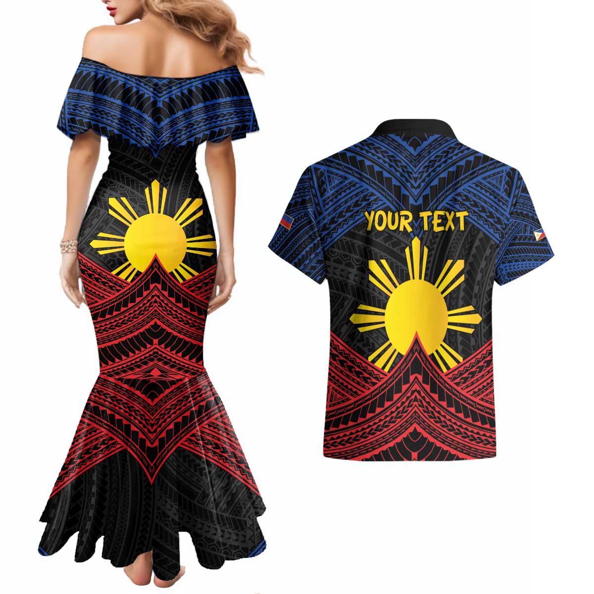 Personalized Philippines Couples Matching Mermaid Dress and Hawaiian Shirt Polynesian Tribal Tattoo with Filipino Flag Motif LT9 - Polynesian Pride