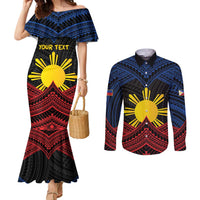 Personalized Philippines Couples Matching Mermaid Dress and Long Sleeve Button Shirt Polynesian Tribal Tattoo with Filipino Flag Motif LT9 Black - Polynesian Pride